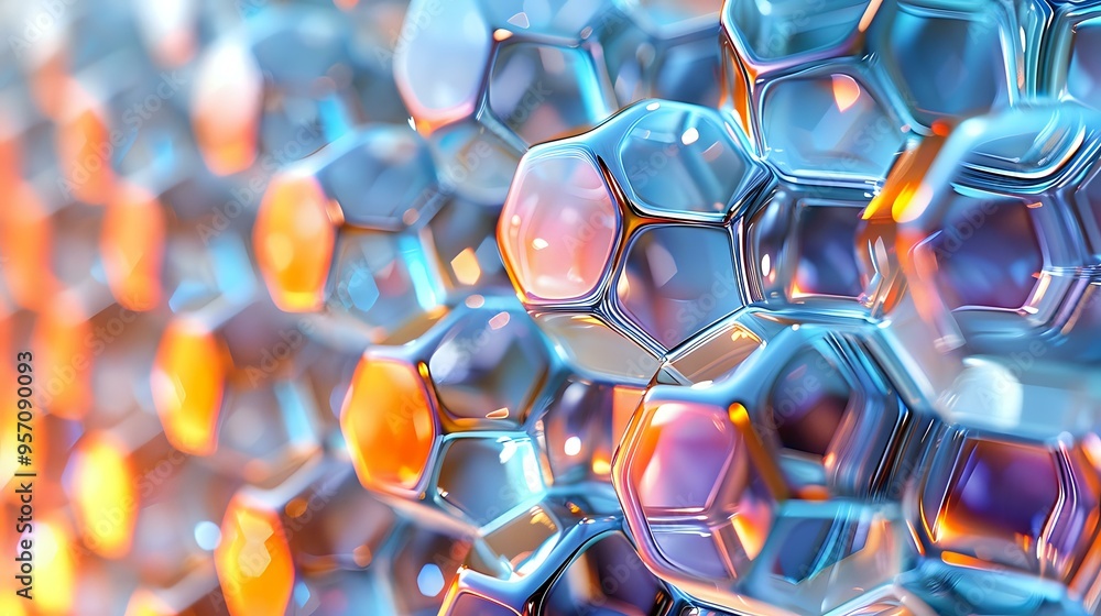 Poster close-up of a futuristic hexagonal molecular structure with metallic reflections and vibrant colors.