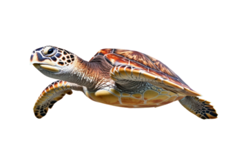 close up of a sea turtle on a white backdrop. Ideal for instructional materials on environmental issues, conservation, and marine life