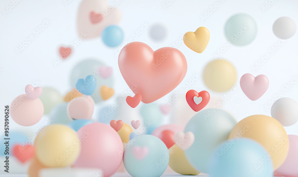 Poster colorful hearts and spheres float in whimsical arrangement, creating joyful and playful atmosphere.