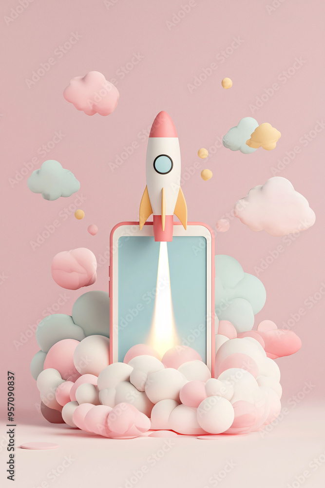 Poster a colorful rocket launching from smartphone surrounded by fluffy clouds creates whimsical and imagin