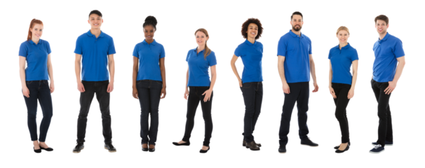 Multicultural team of happy janitors in blue uniforms, smiling and standing