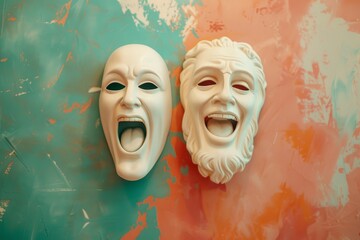 Comedy and tragedy masks mounted on a vibrant, colorful wall, symbolizing the expressive extremes of human emotions in theatrical performances.