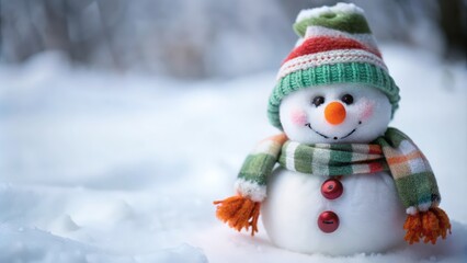 Fototapeta premium A Cheerful Snowman Wearing a Green Knit Hat and Scarf