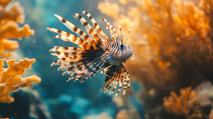 Striped Lionfish Swimming in a Coral Reef