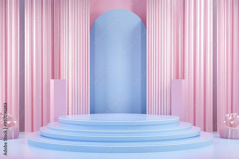 Poster a blue podium with four steps is surrounded by pink curtains and two pink rounded objects on either 