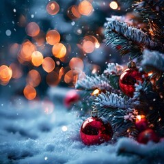 christmas tree with red balls and lights in the background