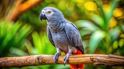 Obraz premium Vibrant grey parrot perches on a wooden branch, displaying its bright orange beak and vibrant blue flight feathers, set against a soft, blurred natural background.