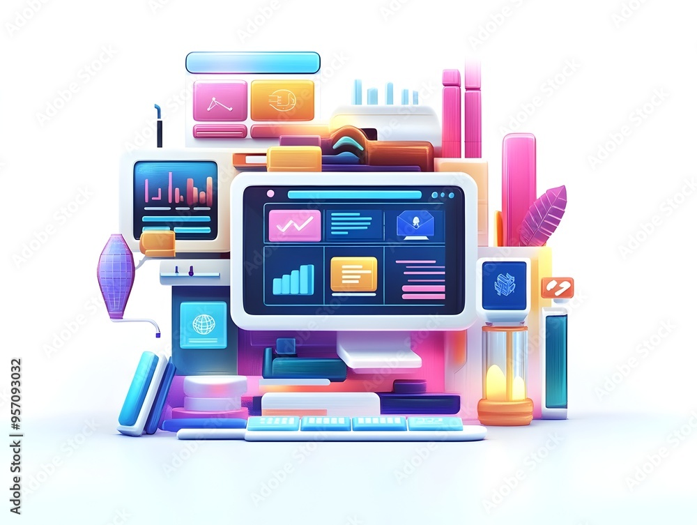 Poster vibrant website development banner featuring diverse web toolset and interfaces against minimalist w