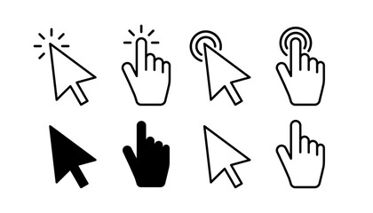 Set of mouse click cursor arrow icons, hand cursor and loading icons. Vector illustration