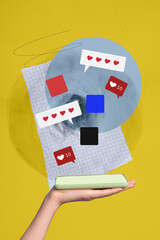 Vertical photo collage of hand hold phone device social network notification facebook logo like...