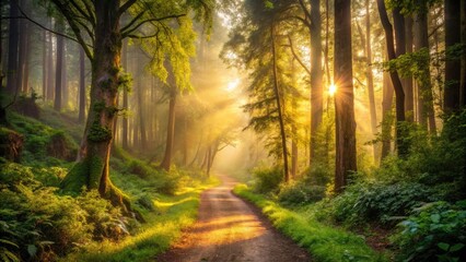 Fototapeta premium Serene winding dirt path surrounded by lush greenery and towering trees, leading into a majestic foggy misty forest landscape with a warm golden light.