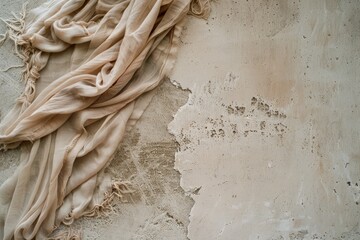 A distressed wall layered with textures and partially covered by a flowing, soft beige fabric,...