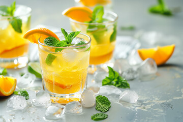 Fototapeta premium Glasses of fresh orange and mint cocktail with ice on white table.