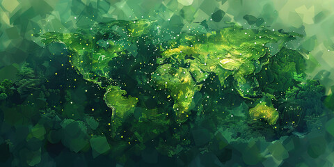 Environmental Impact: A world map overlaid with data points, showing the carbon footprint of a company's operations. 