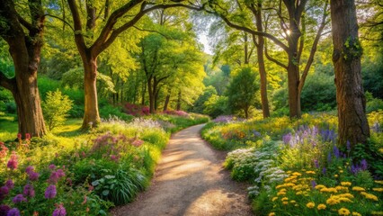 Fototapeta premium Serene winding path meandering through lush greenery in a protected nature reserve, surrounded by towering trees and vibrant wildflowers