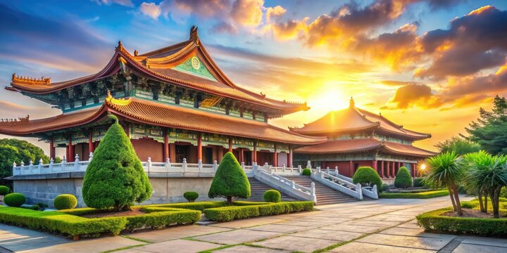 Vibrant Hsi Lai Temple architecture in warm sunlight with serene contrast colors of sky blue walls and lush greenery tranquil mood calm style natural light photography blue green serene tranquility 