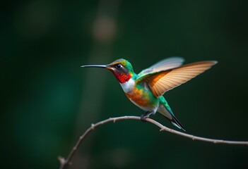 Hummingbird perched on a thin branch, captured on a dark green background, focusing on the details of the feathers and elegant posture