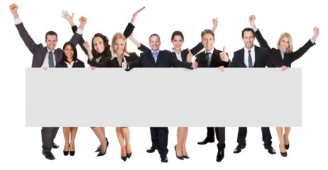 Excited Business Team Holding Empty Banner in Celebration of Success