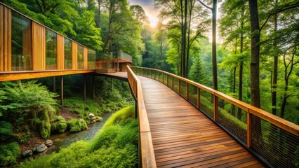 Obraz premium Sleek, modern wooden bridge seamlessly integrated into lush, vibrant forest landscape, blurring boundaries between natural beauty and architectural innovation.