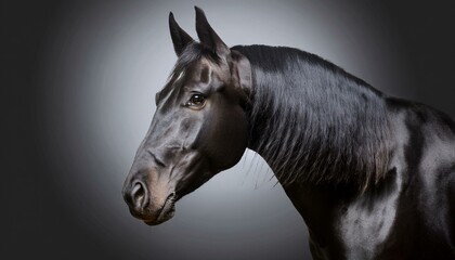 of a realistic horse head. The horse model is rendered with a realistic detailed black coat texture. The horse head is directly facing the camera and well-lit. The background is dark gray.
