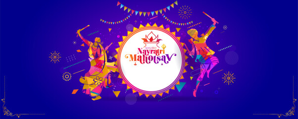 Festive background for Indian Navratri festival, dandiya night, kalash sthapana, puja, dandia garba dance, Durga Puja and colorful festive decoration. banner poster template vector illustration.