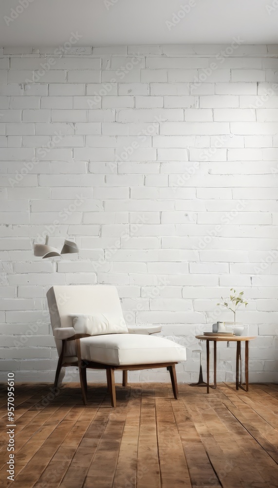 Wall mural white chair and table in front brick wall