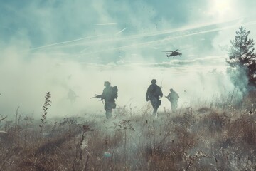 Fototapeta premium Soldiers move cautiously through a misty, smoky field with a helicopter overhead in a tense, atmospheric scene, portraying action and perseverance.