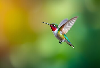 Hummingbird in mid-flight with outstretched wings, captured on a blurred greenish-yellow background, highlighting vibrant feather details and delicate movement