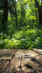 Fototapeta premium wooden table with blur the sun shining through trees