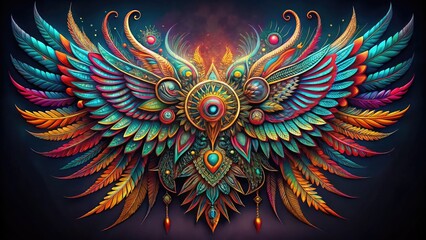 Vibrant, intricately designed tribal-inspired wing spread stretches across a dark background, adorned with feathers, patterns, and colorful tribal markings, evoking power and ancient mysticism.