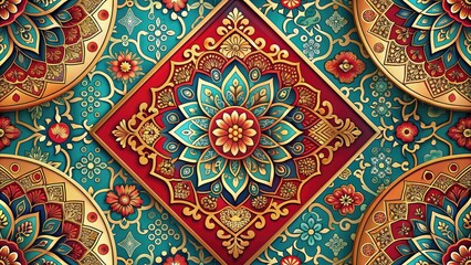 Vibrant, intricate patterns blending traditional Asian motifs with sleek, metallic accents, set against a bold, gradient background, evoking a fusion of ancient and modern design.