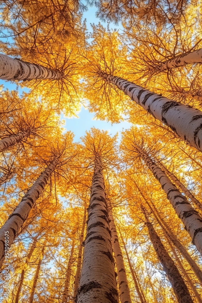 Poster an atmospheric autumn landscape. a bottom-up view of the crowns of yellow autumn trees. background o