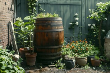 Obraz premium A cozy garden corner featuring a wooden barrel surrounded by potted flowers and lush plants against a backdrop of green wooden fencing.