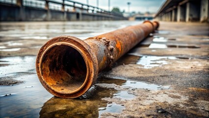 A worn cast iron pipe lies exposed on a grey concrete floor, reflecting industrial hues in muted tones of brown, grey, and beige.