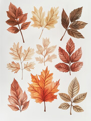 A beautiful collection of autumn leaves in watercolor illustration style, showcasing various colorful fall foliage. Ideal for design materials and seasonal themes, the image captures the essence of au