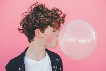 A boy with curly hair blows a giant bubblegum bubble against a vibrant pink background, capturing a fun and playful moment of childhood.