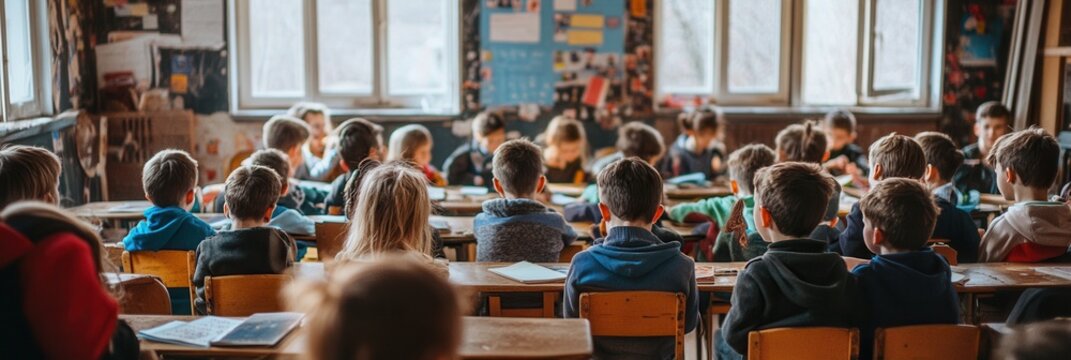 Many students focus on their studies in an overcrowded classroom filled with old educational materials and supplies. Generative AI