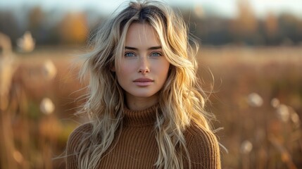 Obraz premium A blonde woman with long hair is standing in a field of tall grass