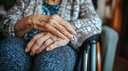 Close-up of a senior handicapped woman in a wheelchair receiving compassionate care in a hospital or home setting, highlighting the essence of elderly disability, support, and medical assistance
