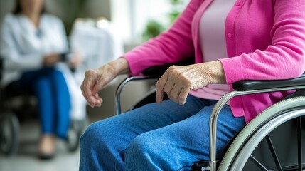 Obraz premium Close-up of a senior handicapped woman in a wheelchair receiving compassionate care in a hospital or home setting, highlighting the essence of elderly disability, support, and medical assistance