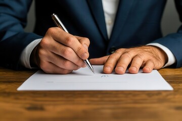 Business professional signing the last page of a completed business plan, finalizing the document for submission, business plan, final approval