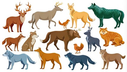 Obraz premium Stylized vector silhouette set of 15 animals, including wolf, bear, fox, deer, and more, in various poses, isolated on white background for design use.