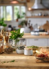Fototapeta premium wooden table topped with bunch herbs