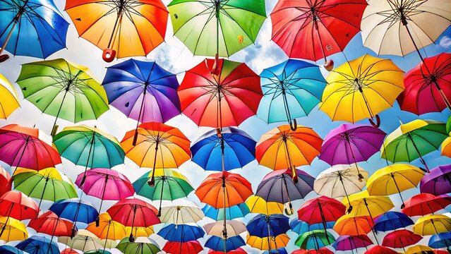 Brilliantly hued umbrellas unfurl and float in mid-air, their vibrant colors popping against the crisp white backdrop like tiny, portable works of art.