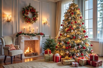 Picture Frame, Sofa And Christmas Tree In Living Room.
Christmas celebration.