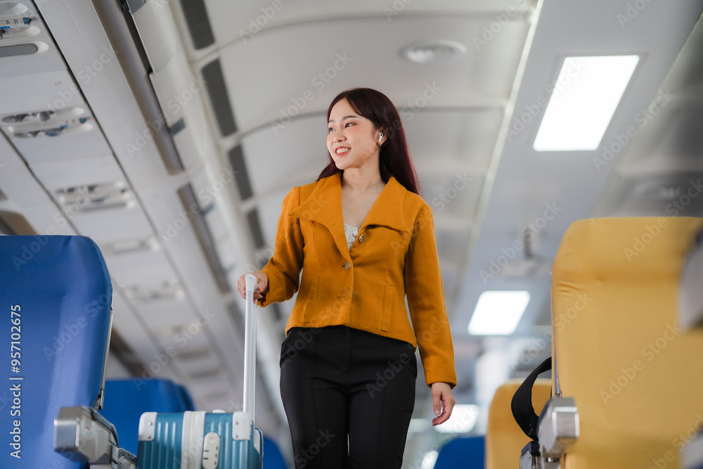 Wall mural boarding pass to adventure: a young asian woman navigates the aisle of an airplane, her wheeled suit