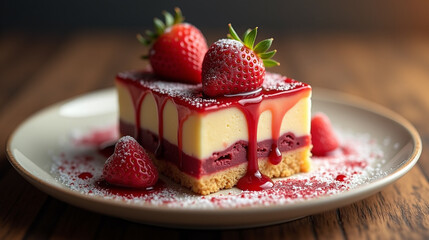 Strawberry cheesecake with berry sauce on plate.