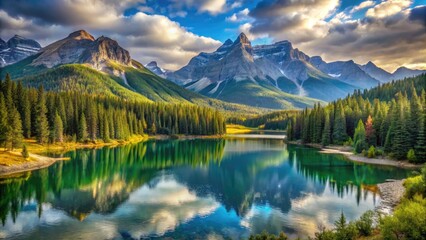 Fototapeta premium Sweeping vistas unfold within dramatic landscapes of majestic mountains, serene lakes, and lush forests.