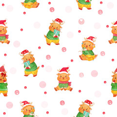 Seamless festive pattern with cute gingerbread reindeer in Santa hats and colorful polka dots on a white background. Perfect for holiday decorations and seasonal designs.
