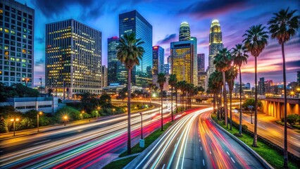 Fototapeta premium Vibrant neon lights illuminate a bustling urban street, lined with towering skyscrapers and palm trees, as a busy freeway glows in the dark LA night.